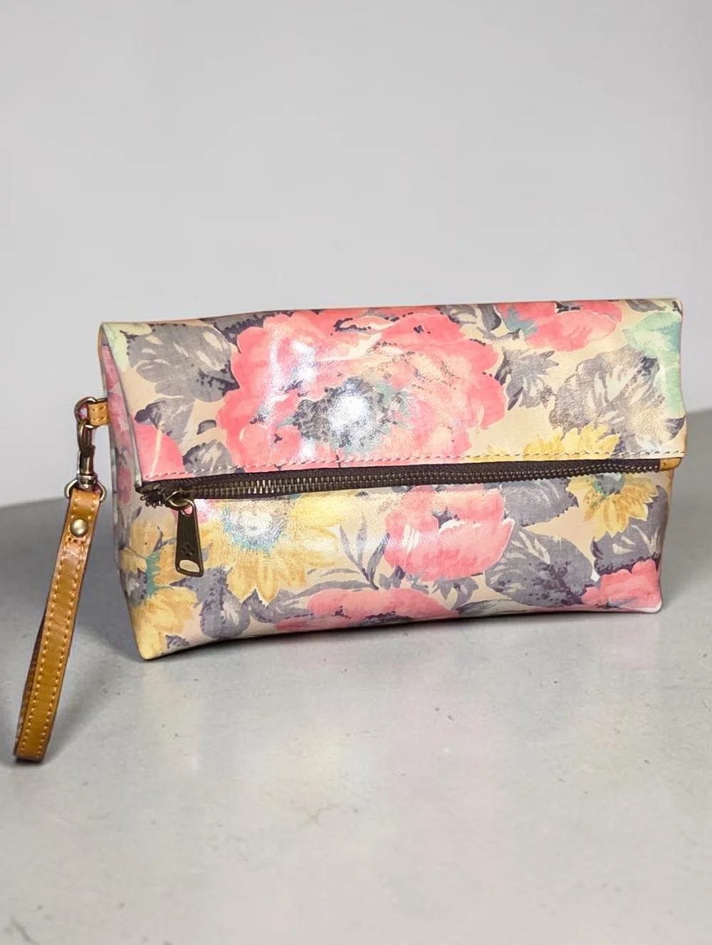Patricia Nash First Bloom Floral Leather Wristlet in Pink Multi with Tan Strap